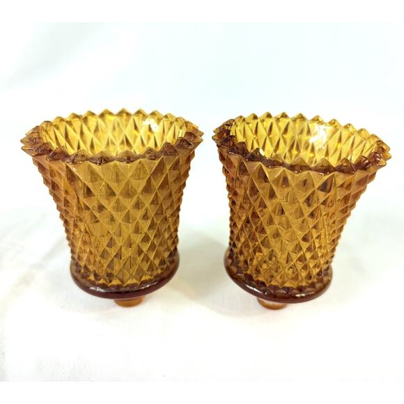 Vintage Set of 2 HOMECO Amber Diamond Point Glass Peg Votive Cup Candle Holders - Picture 1 of 3